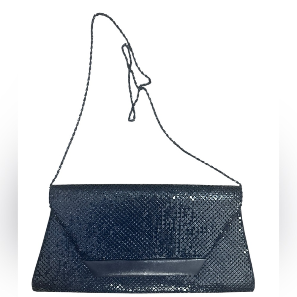 Vintage 80’s Navy Blue Clutch Shoulder Bag Mesh Metal Envelope Purse